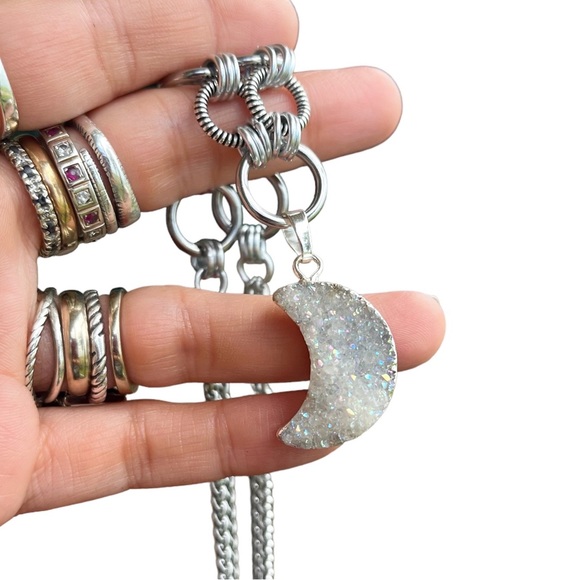 stainless steel necklace double wheat chain druzy quartz crescent moon charm - Picture 3 of 12